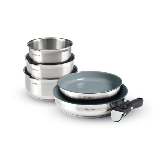 Non-stick stackable cookware set with removable handle 6 pieces - Silver