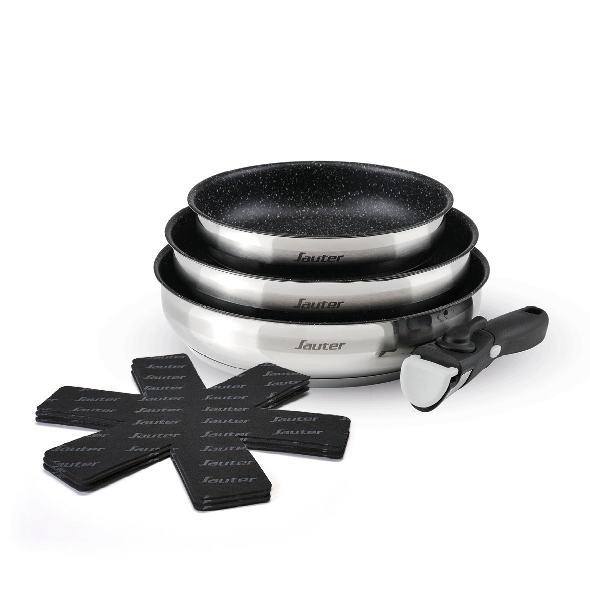 Set of 3 non-stick frypans with removable handle and 3 pan protectors - Silver