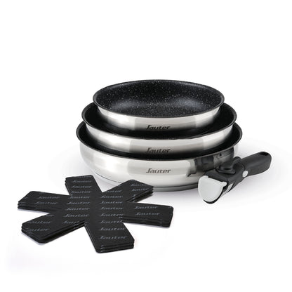 Set of 3 non-stick frypans with removable handle and 3 pan protectors - Silver