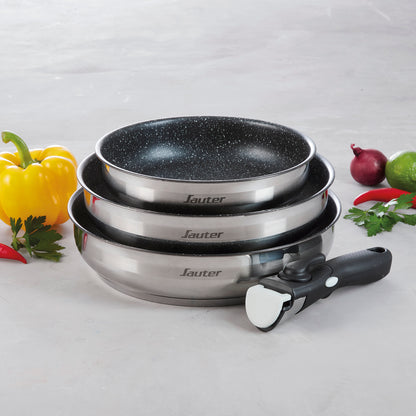 Set of 3 non-stick frypans with removable handle and 3 pan protectors - Silver