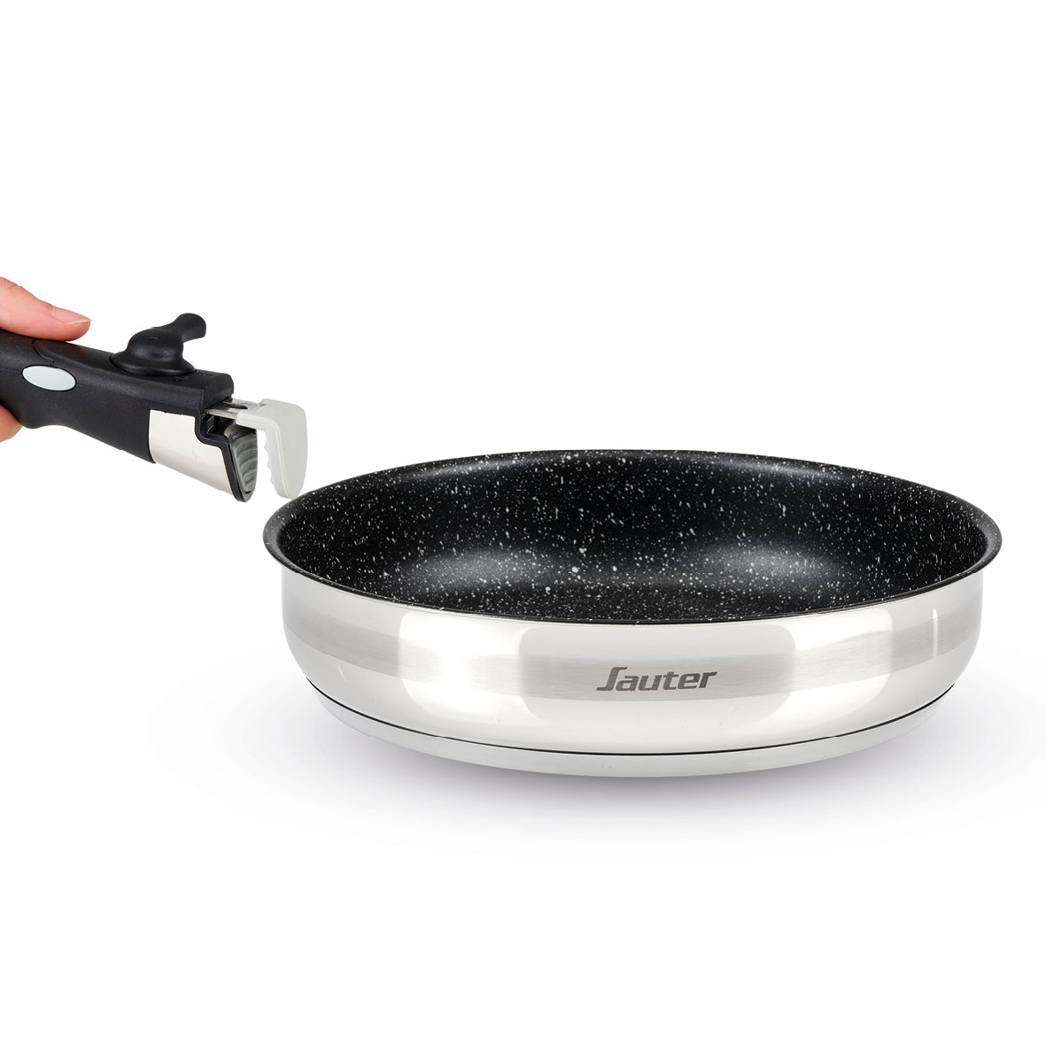 Set of 3 non-stick frypans with removable handle and 3 pan protectors - Silver