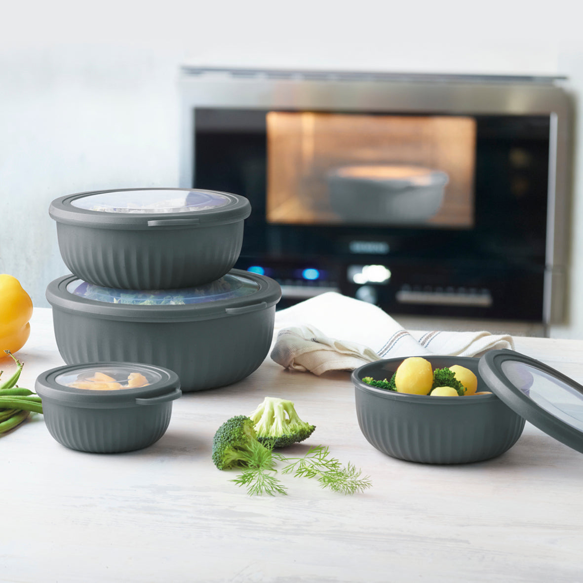 Set de 4 bols à usages multiples en gris anthracite avec couvercles hermétiques - gris