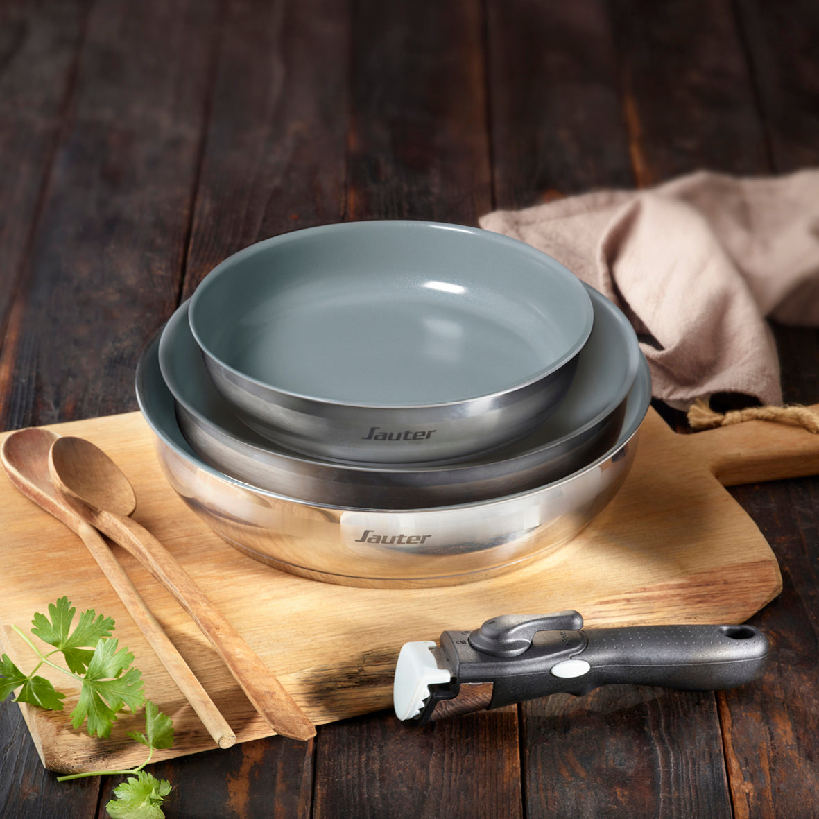 Set of 3 non-stick frypans with removable handle - Silver