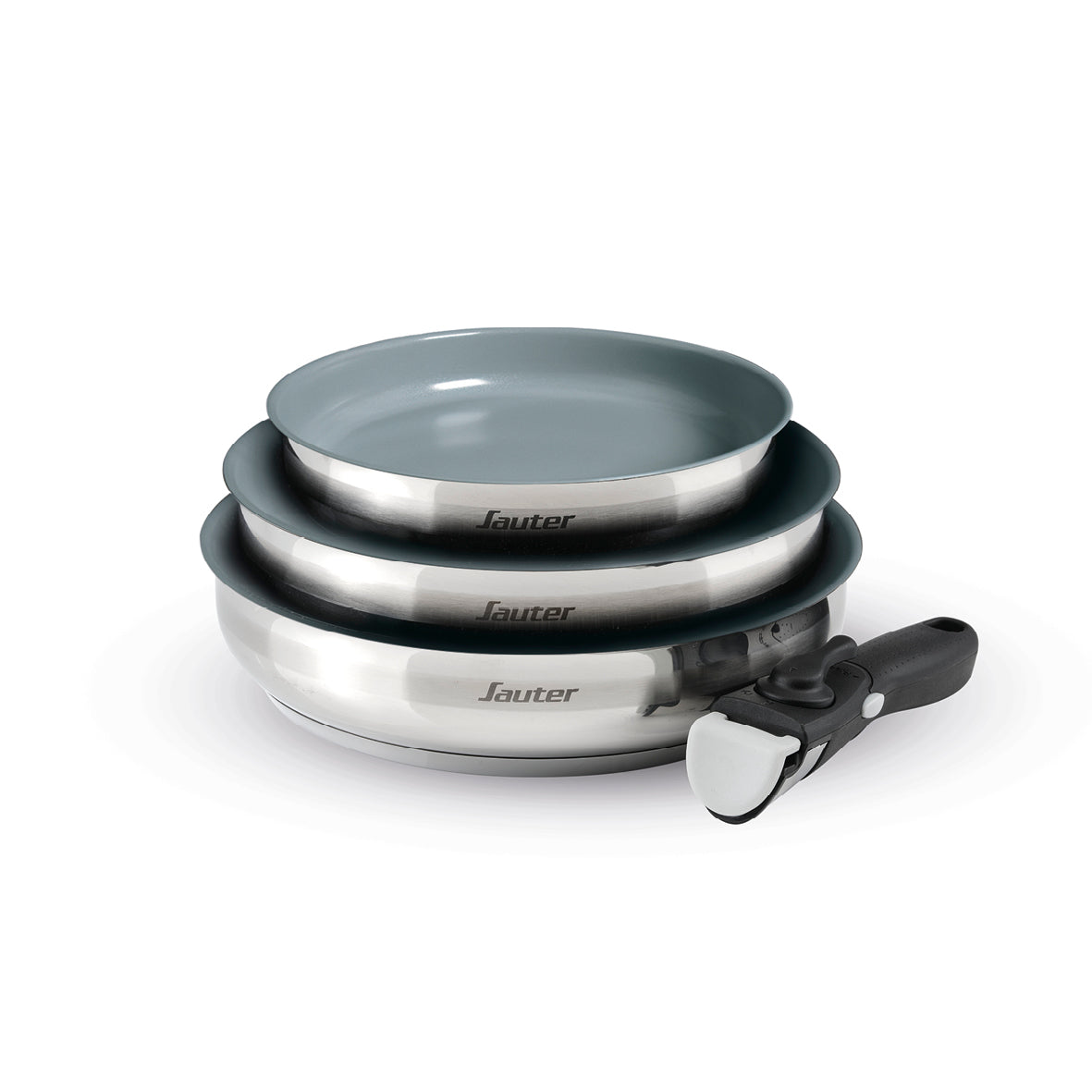 Set of 3 non-stick frypans with removable handle - Silver