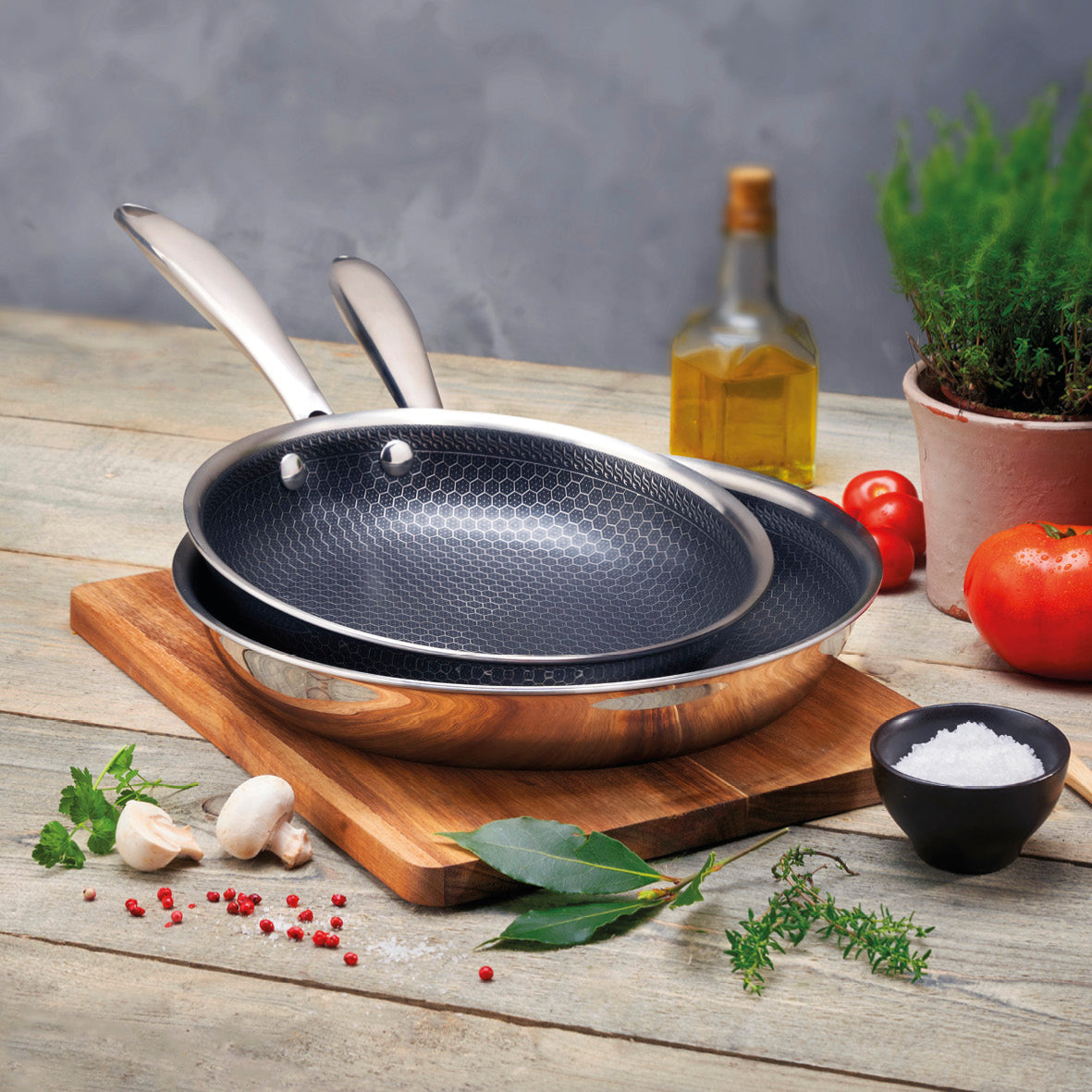 Set of 2 triply frypans with non-stick honeycomb coating - Multinox pro ceramic - Silver - 24 + 28 cm