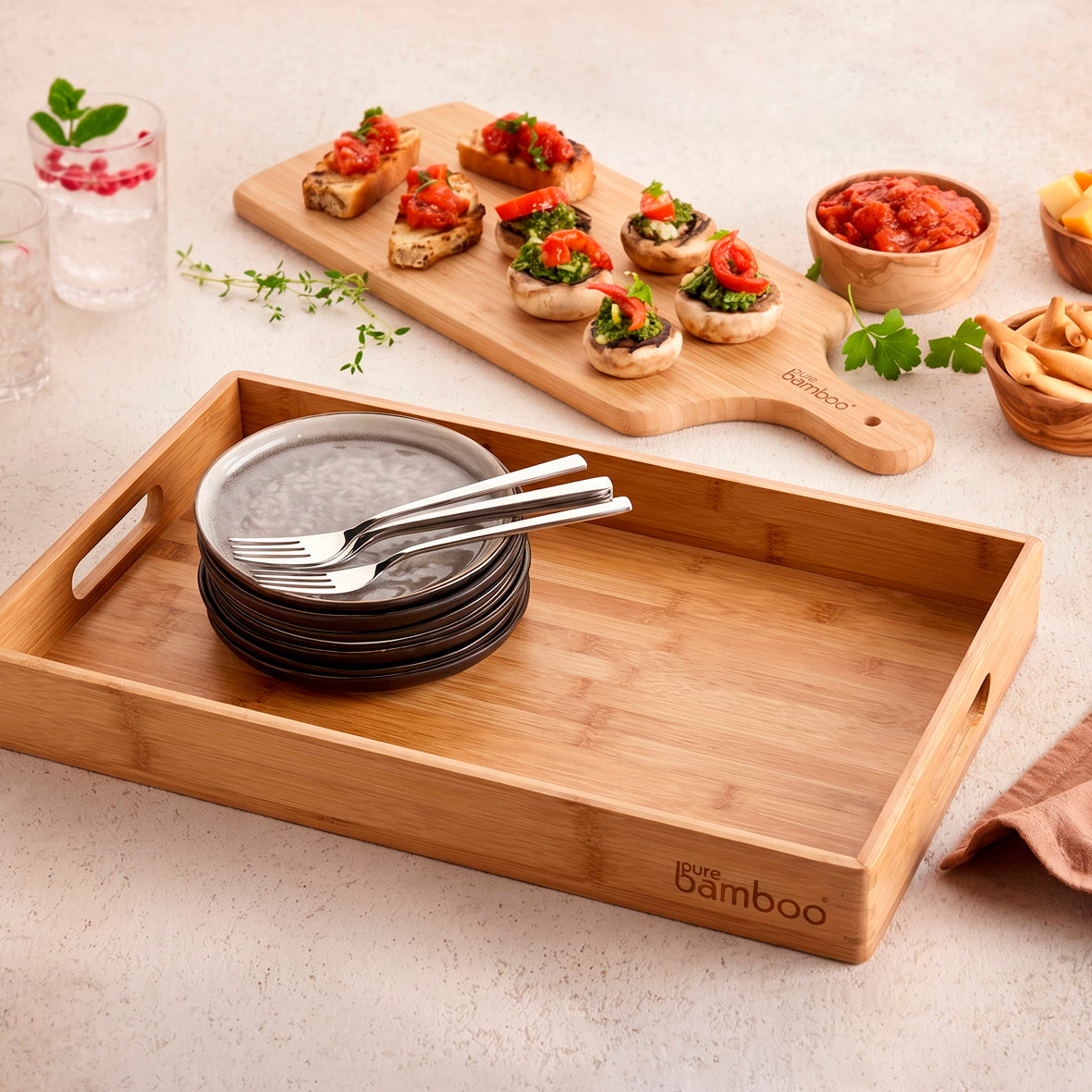 Serving tray in bamboo - light brown - 50 x 35 x 5.5 cm