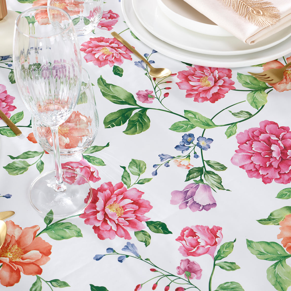 Tablecloth - Fleurs et feuilles White