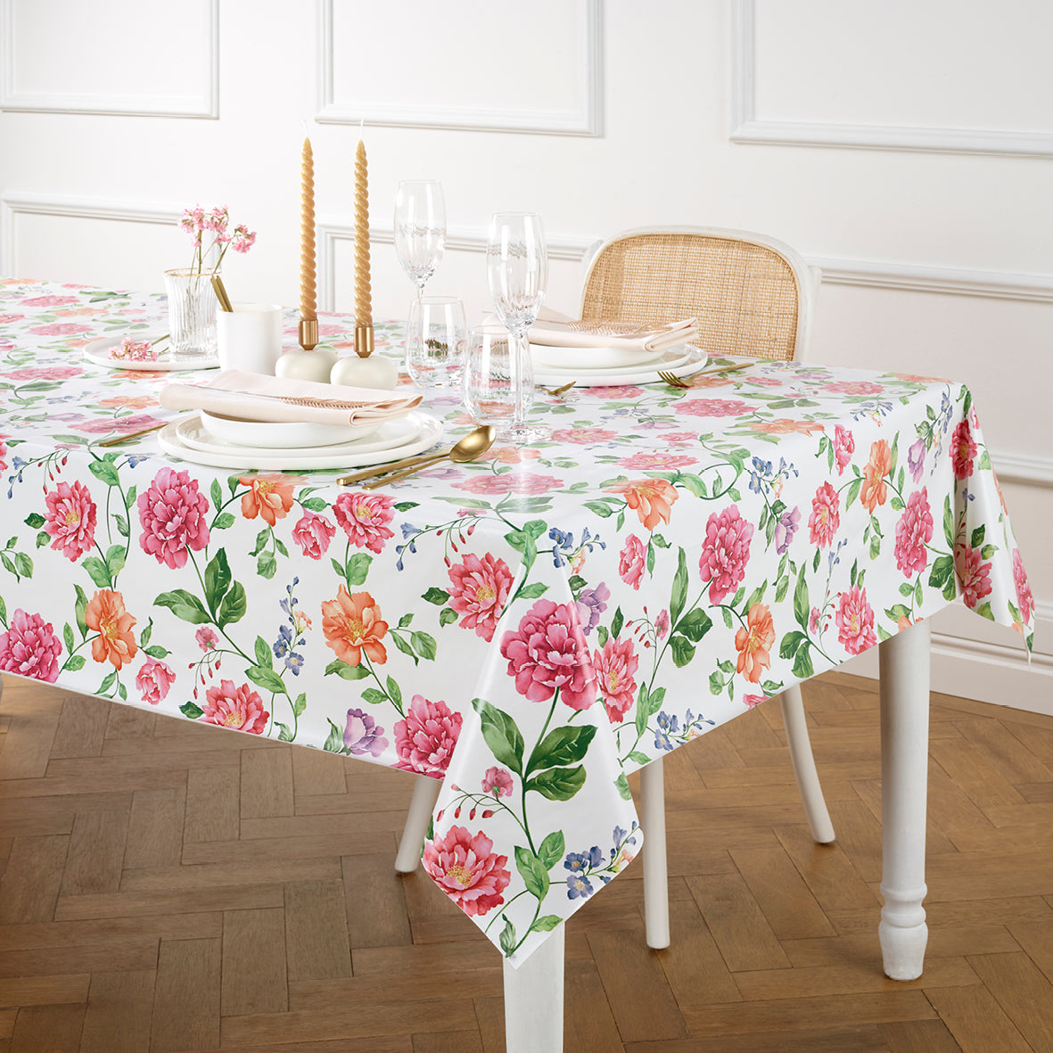 Tablecloth - Fleurs et feuilles White