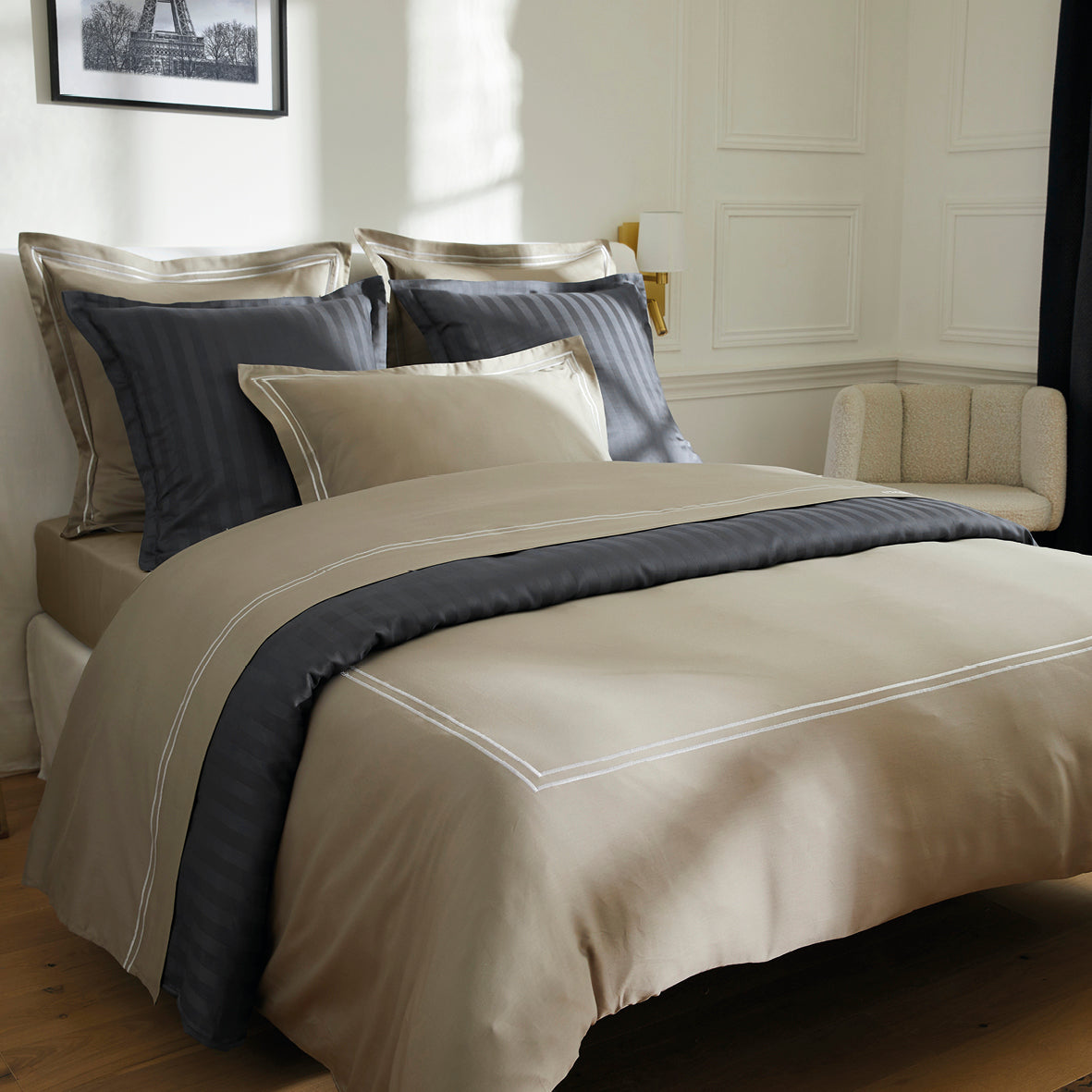 Flat sheet cotton satin - Bastia White / Taupe