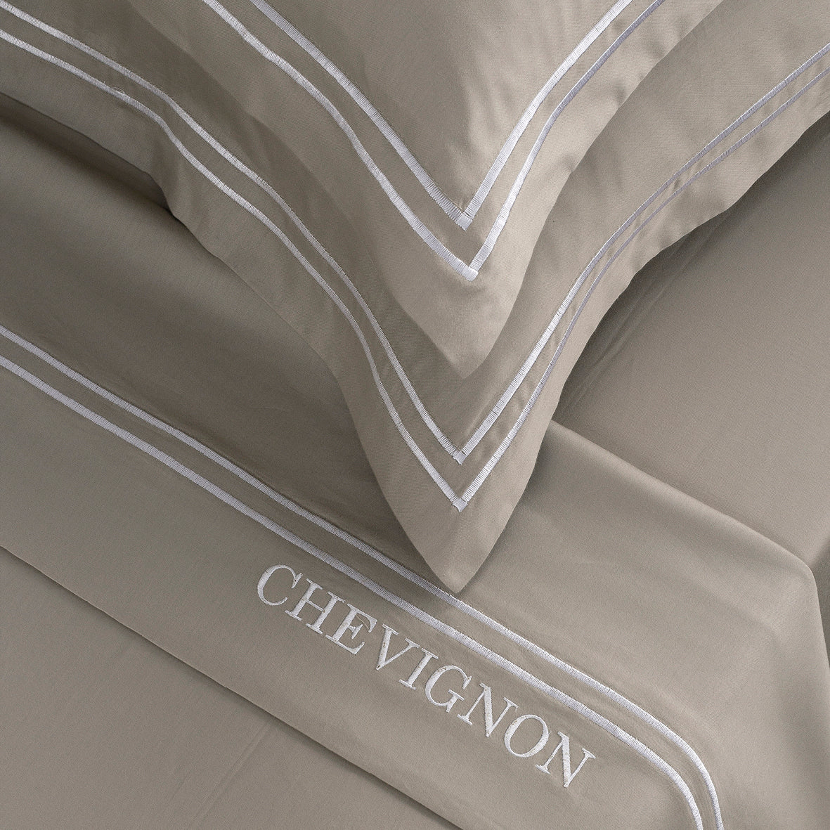 Sheet set cotton satin - Bastia White / Taupe
