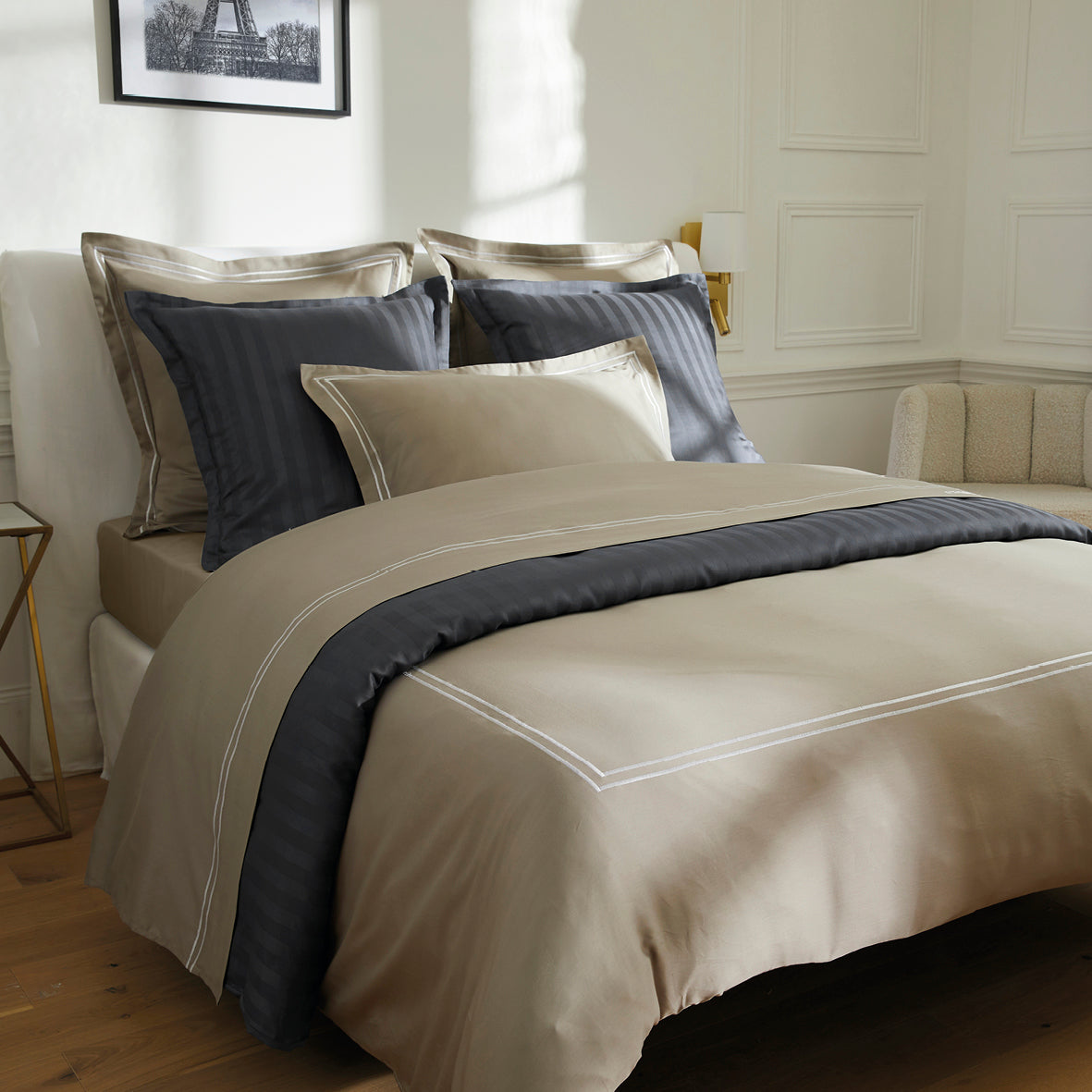 Sheet set cotton satin - Bastia White / Taupe