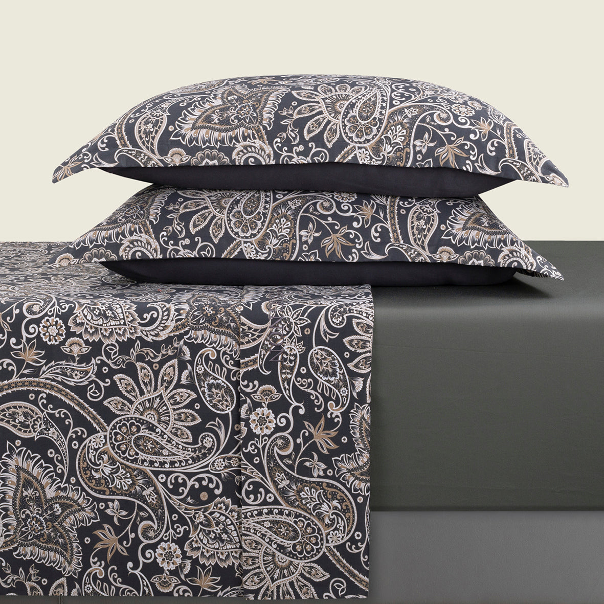Ensemble de draps satin de coton - Paisley Gris / Taupe