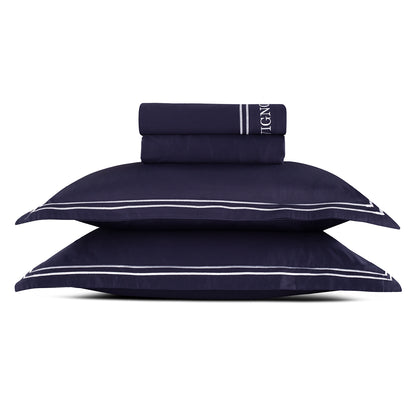 Sheet set cotton satin - Bastia White / Dark blue