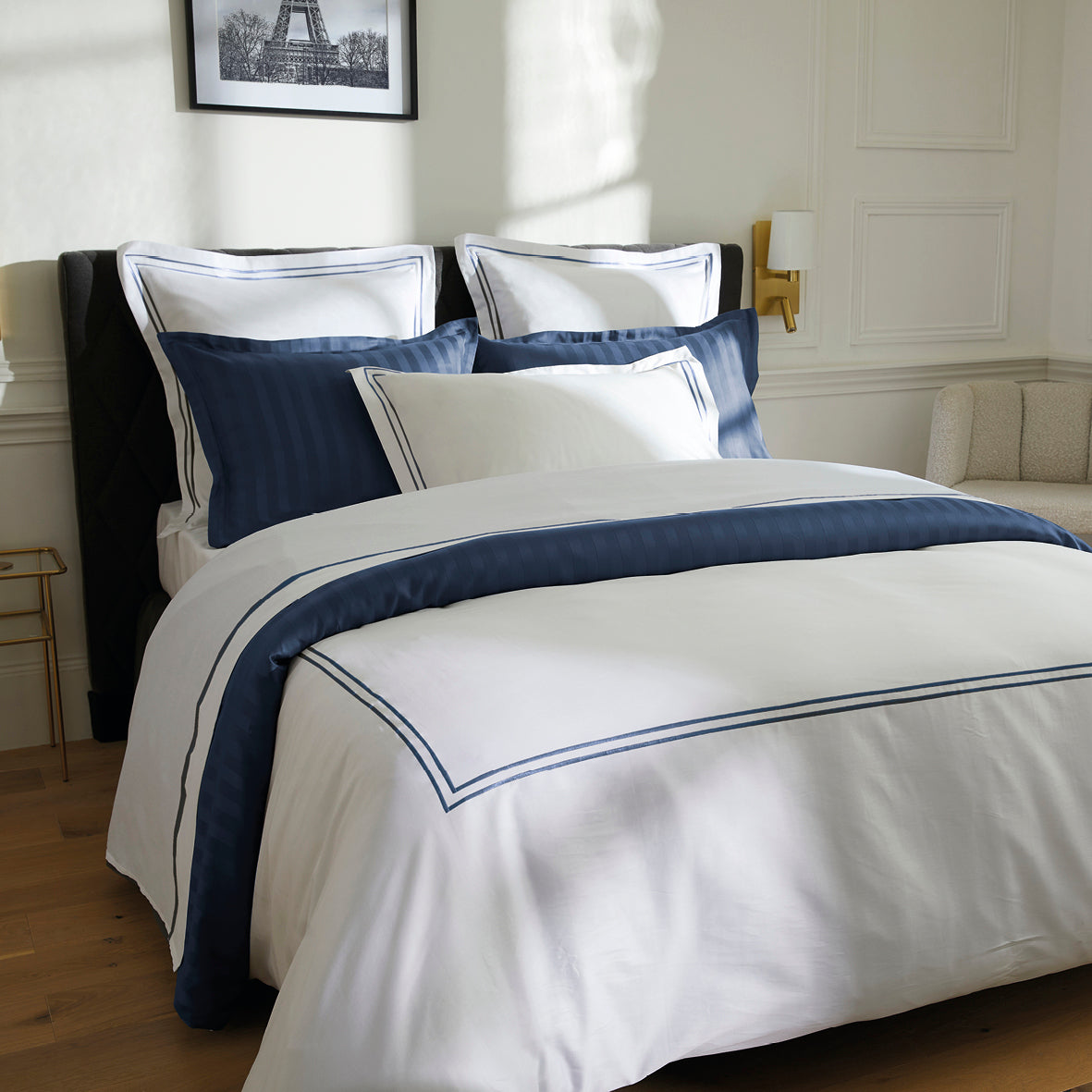 Duvet cover + pillowcase(s) cotton satin - Bastia Dark blue / White
