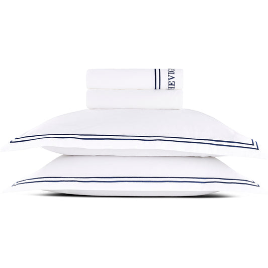 Ensemble de draps satin de coton - Bastia Bleu foncé / Blanc