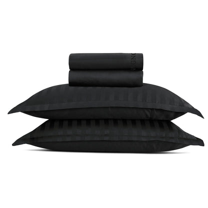 Ensemble de draps satin de coton rayure tissé - dobby Noir