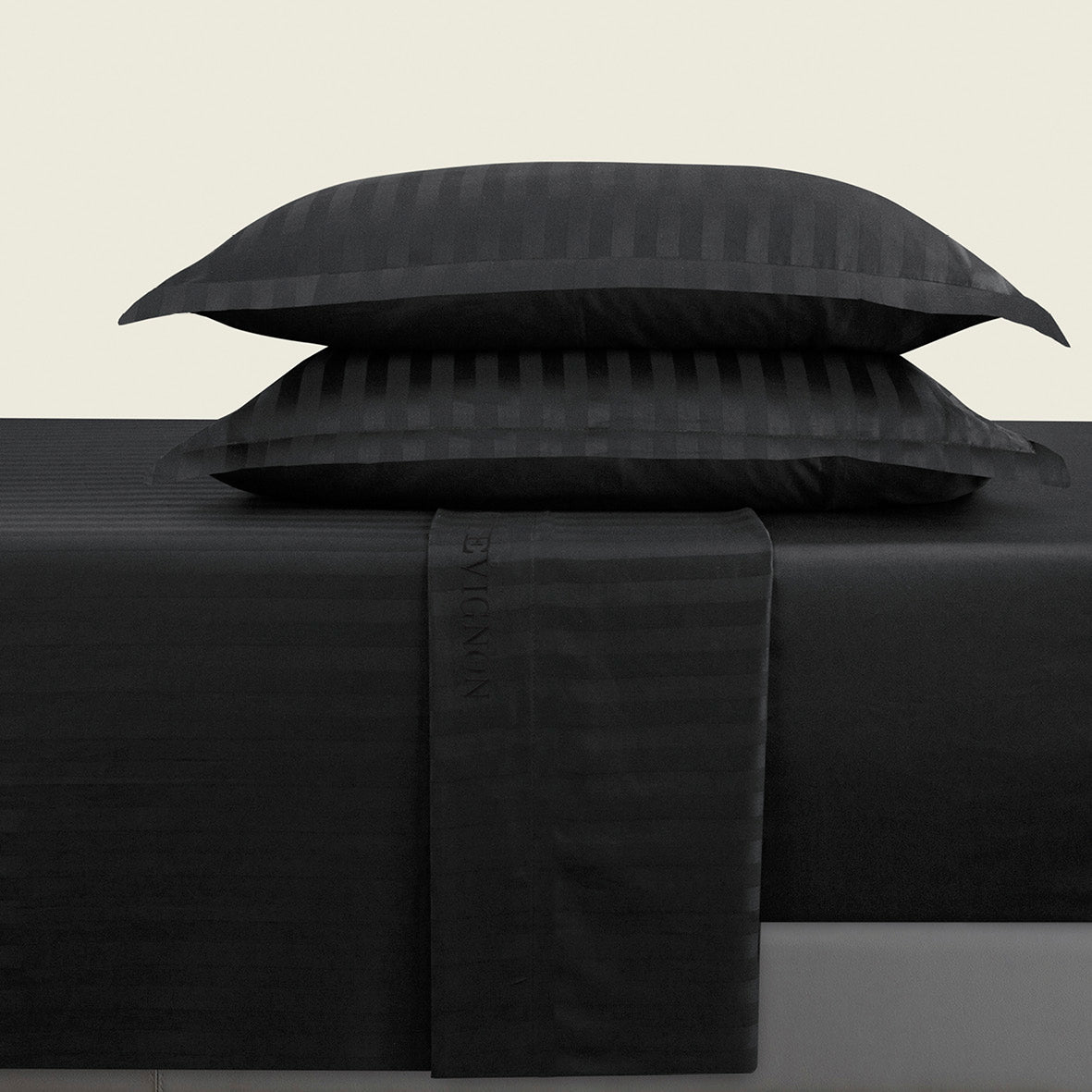 Ensemble de draps satin de coton rayure tissé - dobby Noir