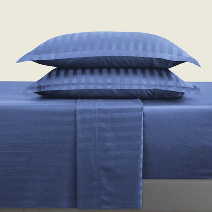Drap plat satin de coton dobby stripe - Bleu