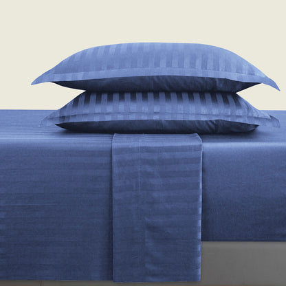 Ensemble de draps satin de coton rayure tissé dobby - Bleu