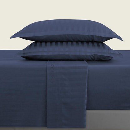 Drap plat satin de coton dobby stripe - Bleu foncé