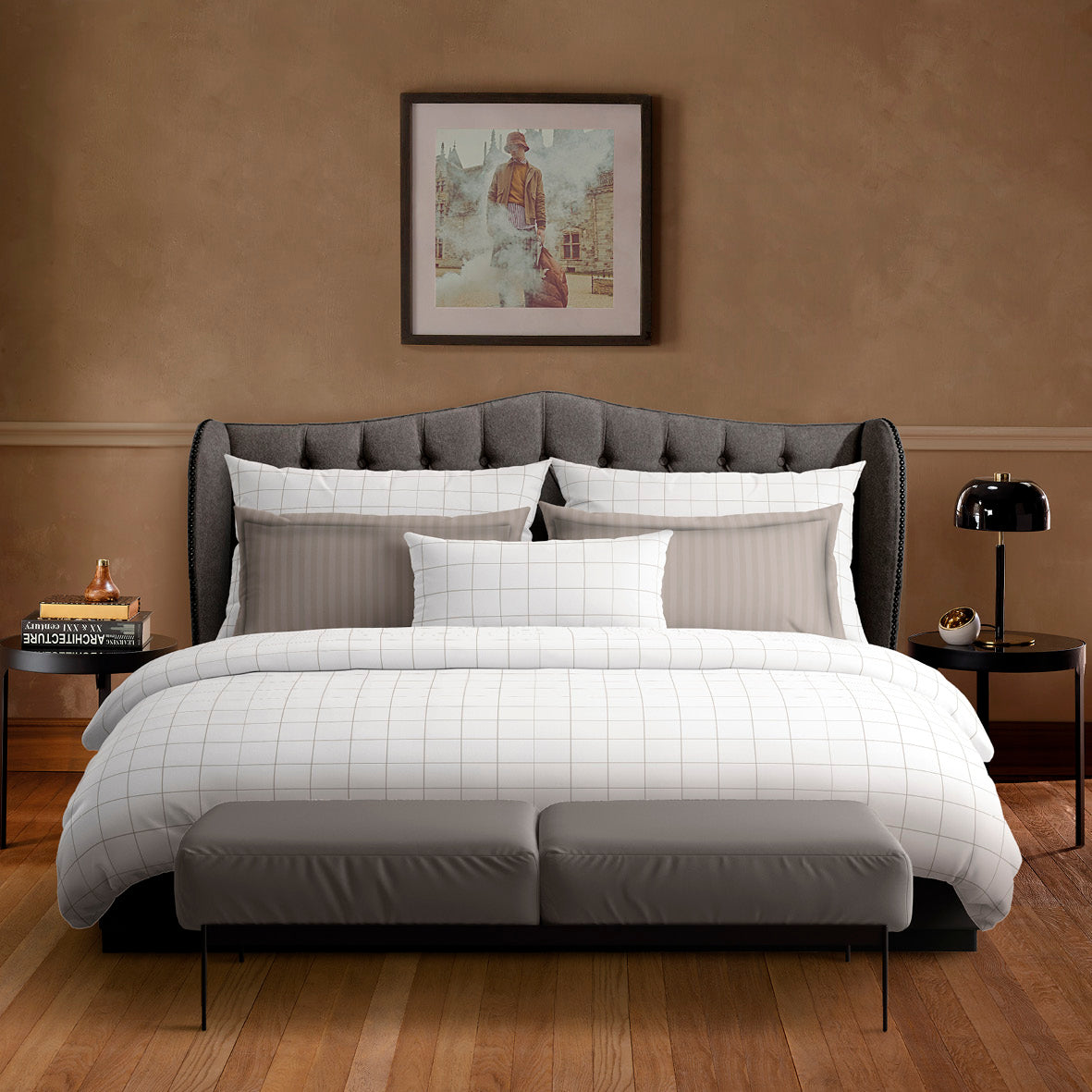 Taie(s) doreiller satin de coton - Motif à carreaux Blanc / Taupe