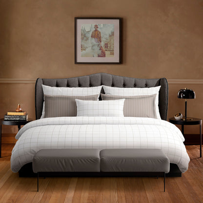 Taie(s) doreiller satin de coton - Motif à carreaux Blanc / Taupe