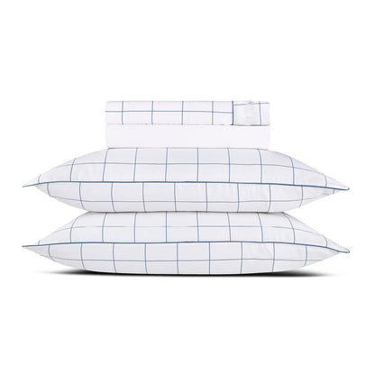 Ensemble de draps satin de coton - Motif à carreaux Blanc / Bleu