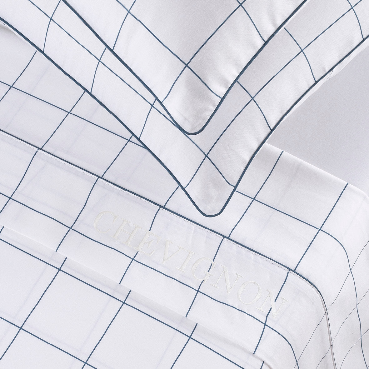 Ensemble de draps satin de coton - Motif à carreaux Blanc / Bleu