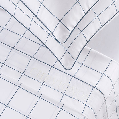 Ensemble de draps satin de coton - Motif à carreaux Blanc / Bleu