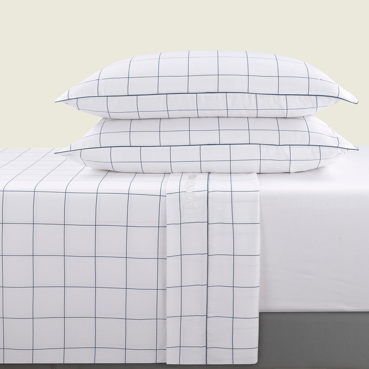 Ensemble de draps satin de coton - Motif à carreaux Blanc / Bleu