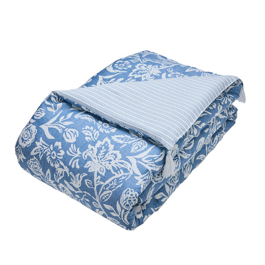 Quilt with tassels cotton satin - Bleu jardin Blue - 140 x 200 cm