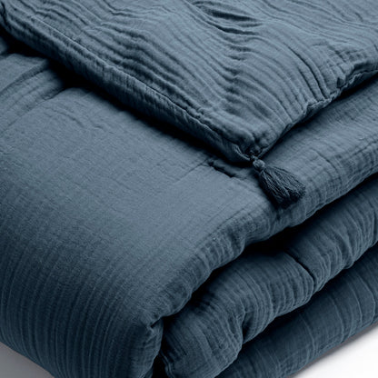 Quilt with tassels cotton gauze - Uni Blue 14 - 140 x 200 cm