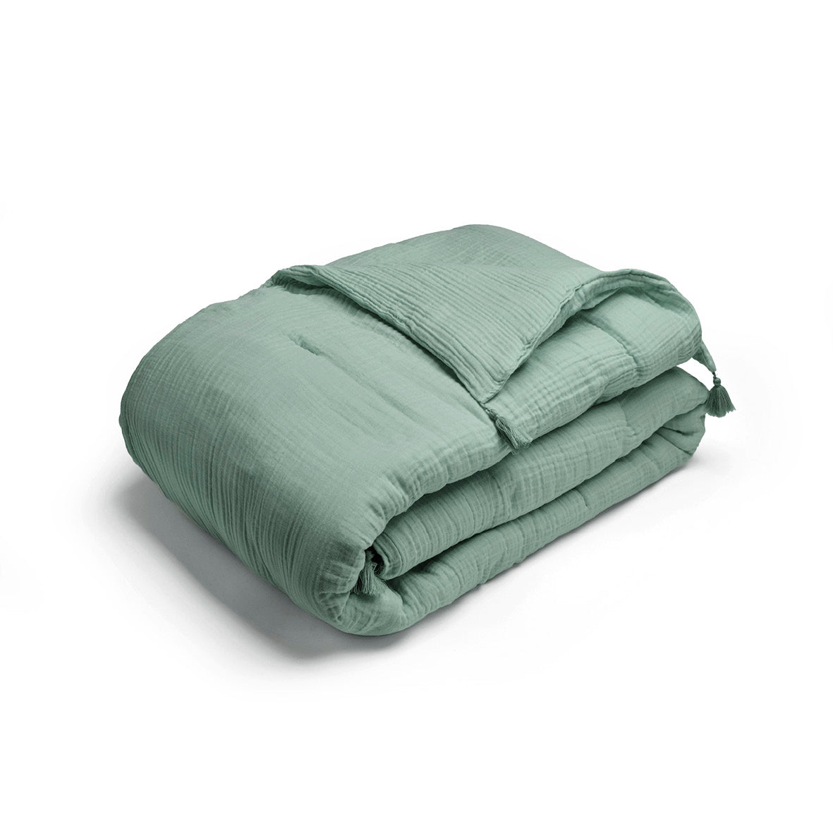 Quilt with tassels cotton gauze - Uni Green 12 - 140 x 200 cm