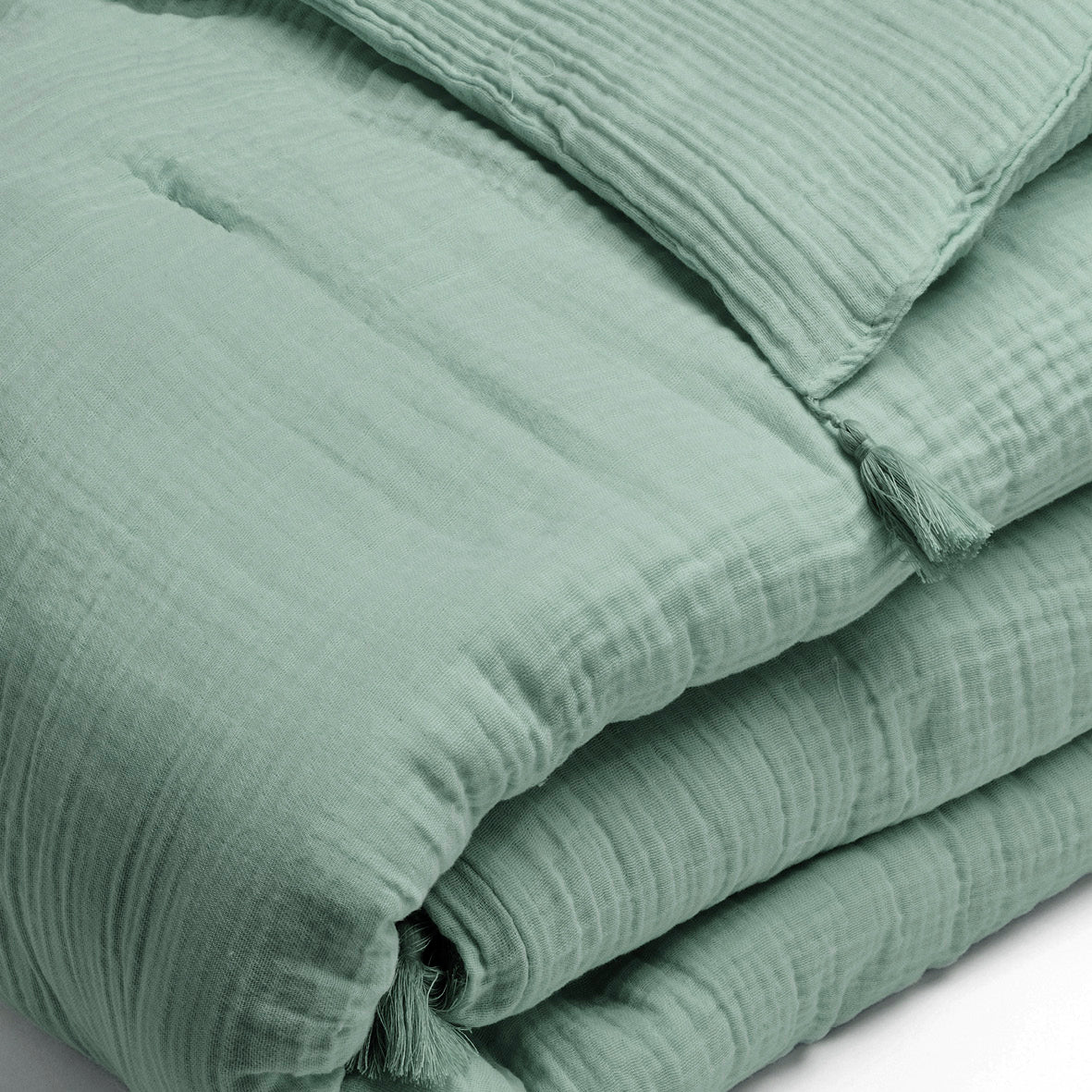 Quilt with tassels cotton gauze - Uni Green 12 - 140 x 200 cm