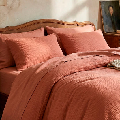Duvet cover + pillowcase cotton gauze - Uni Terracotta 02