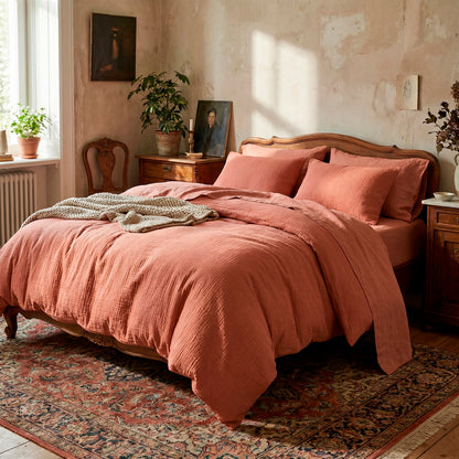 Duvet cover + pillowcase cotton gauze - Uni Terracotta 02