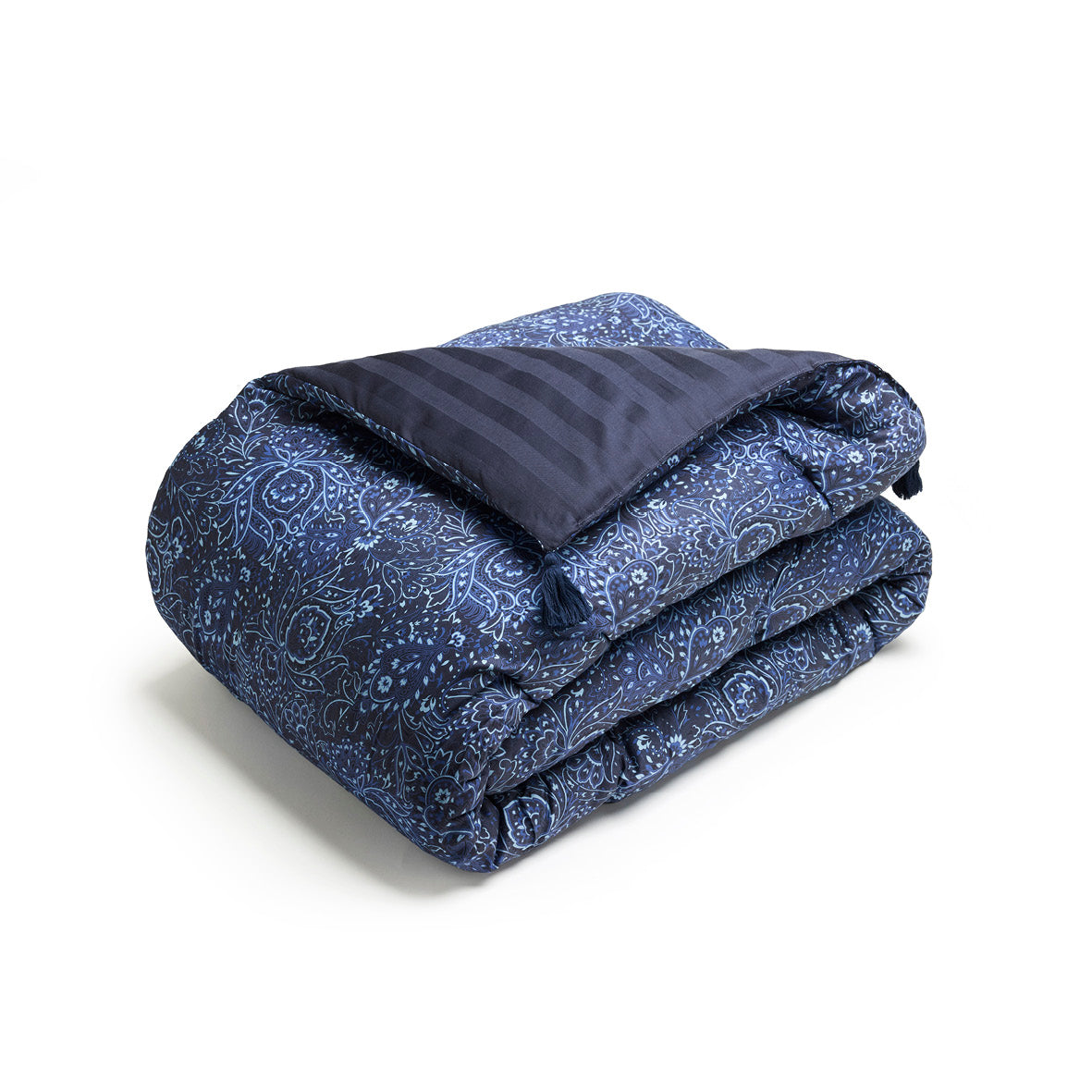 Quilt with tassels cotton satin - Mystère indigo Blue - 140 x 200 cm