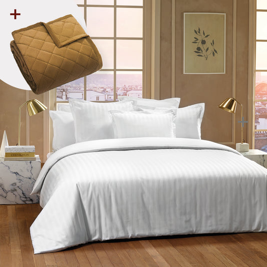 Sheet set cotton satin + bedspread polyester corduroy - Dobby stripe woven / Diamond Mustard