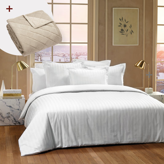 Sheet set cotton satin + bedspread polyester corduroy - Dobby stripe woven / Diamond Taupe