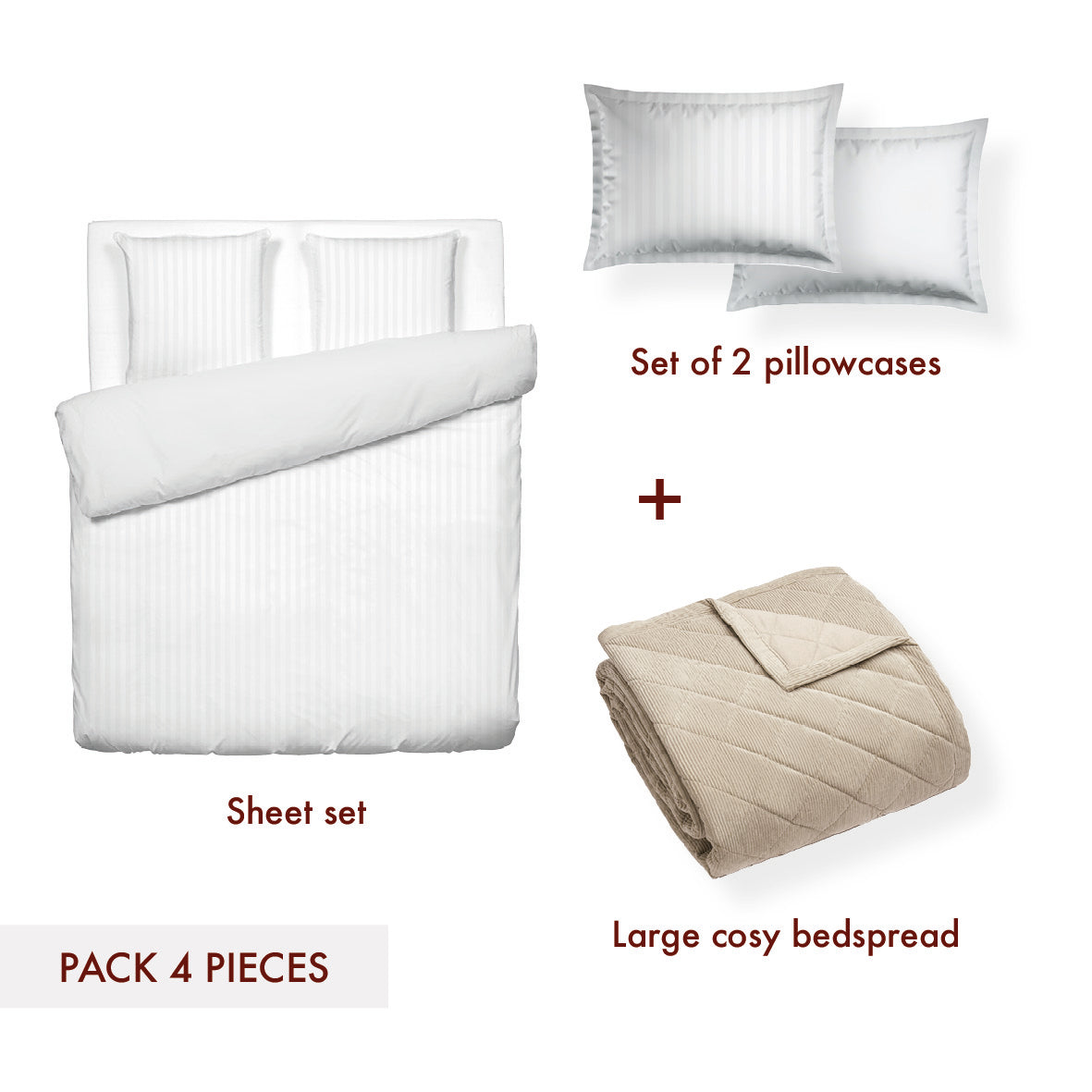 Sheet set cotton satin + bedspread polyester corduroy - Dobby stripe woven / Diamond Taupe
