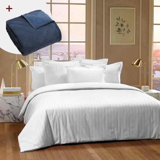 Sheet set cotton satin + bedspread polyester corduroy - Dobby stripe woven / Diamond Blue