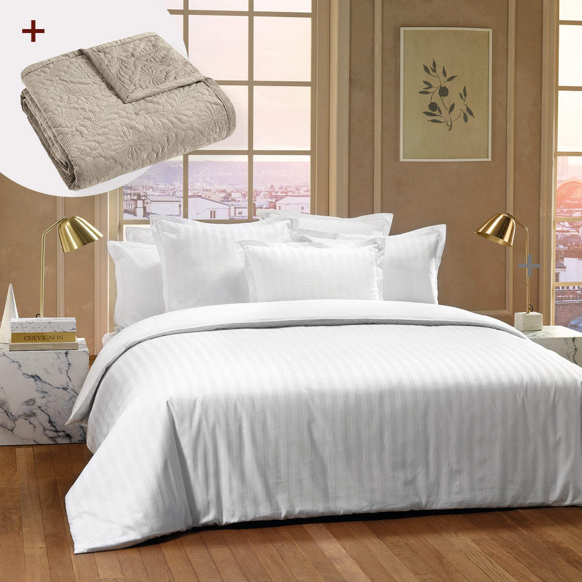 Sheet set cotton satin + bedspread polyester corduroy - Dobby stripe woven / Flower Taupe