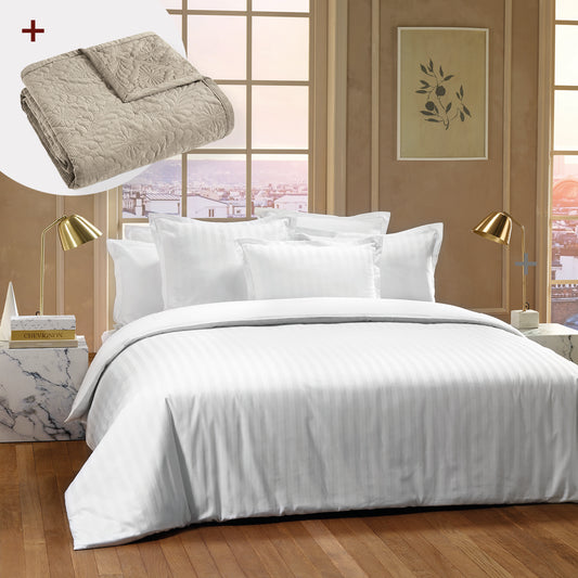 Sheet set cotton satin + bedspread polyester corduroy - Dobby stripe woven / Flower Taupe