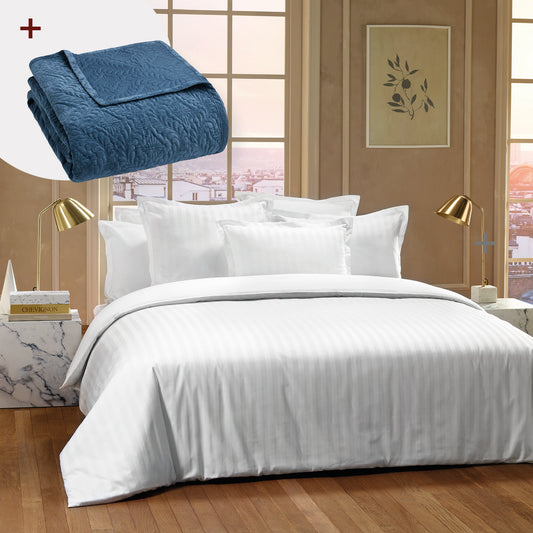 Sheet set cotton satin + bedspread polyester corduroy - Dobby stripe woven / Flower Blue