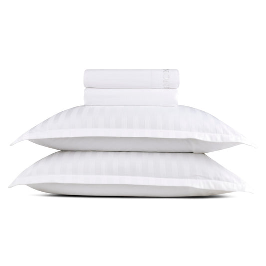 Sheet set : fitted sheet, flat sheet, pillowcase(s) in satin cotton - Jacquard woven - dobby stripe white