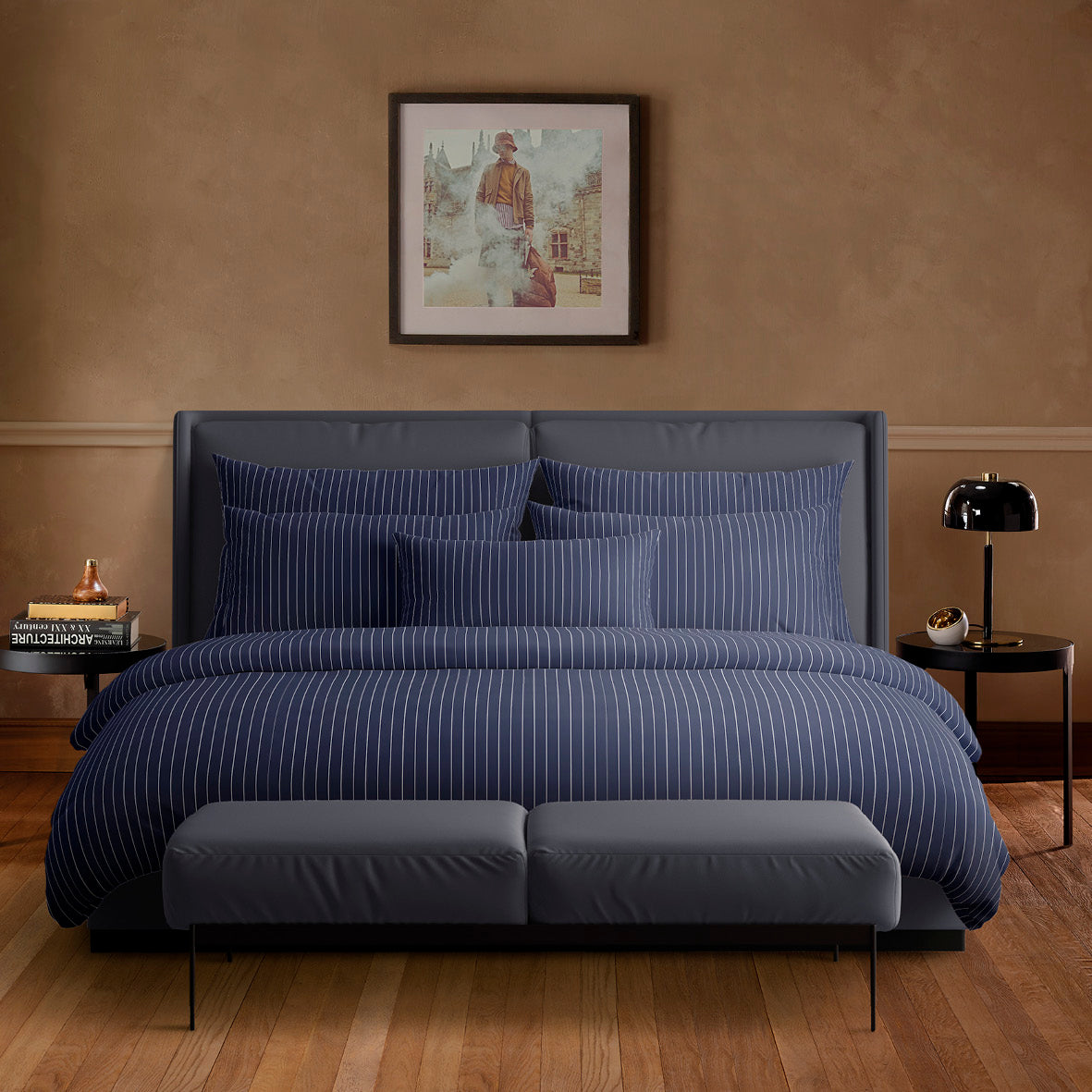 Duvet cover + pillowcase(s) cotton satin - Rayures classiques dark blue