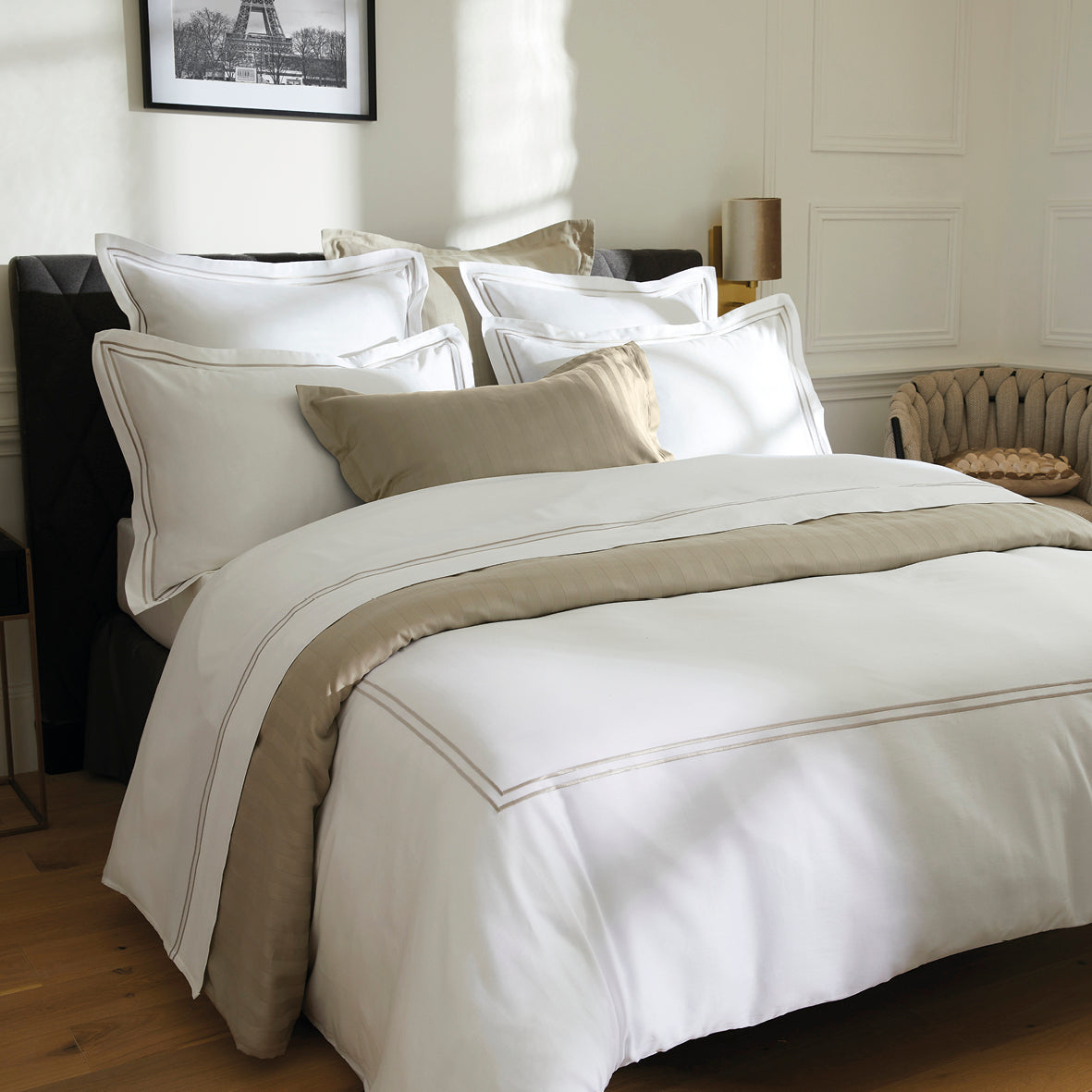 Duvet cover + pillowcase(s) cotton satin - Bastia Taupe / White