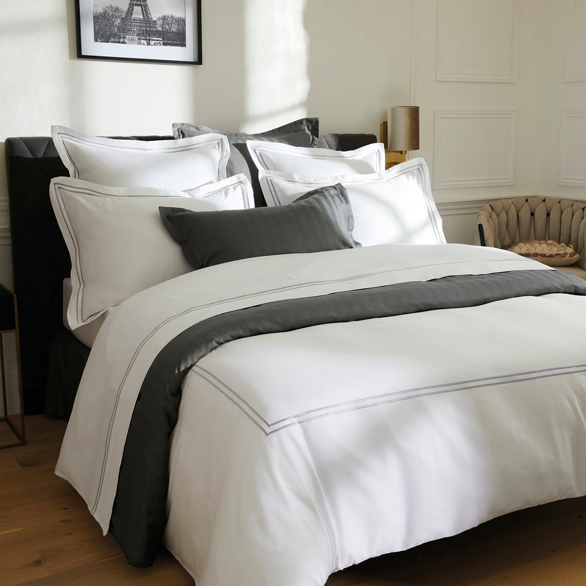 Duvet cover + pillowcase(s) cotton satin - Bastia Grey / White