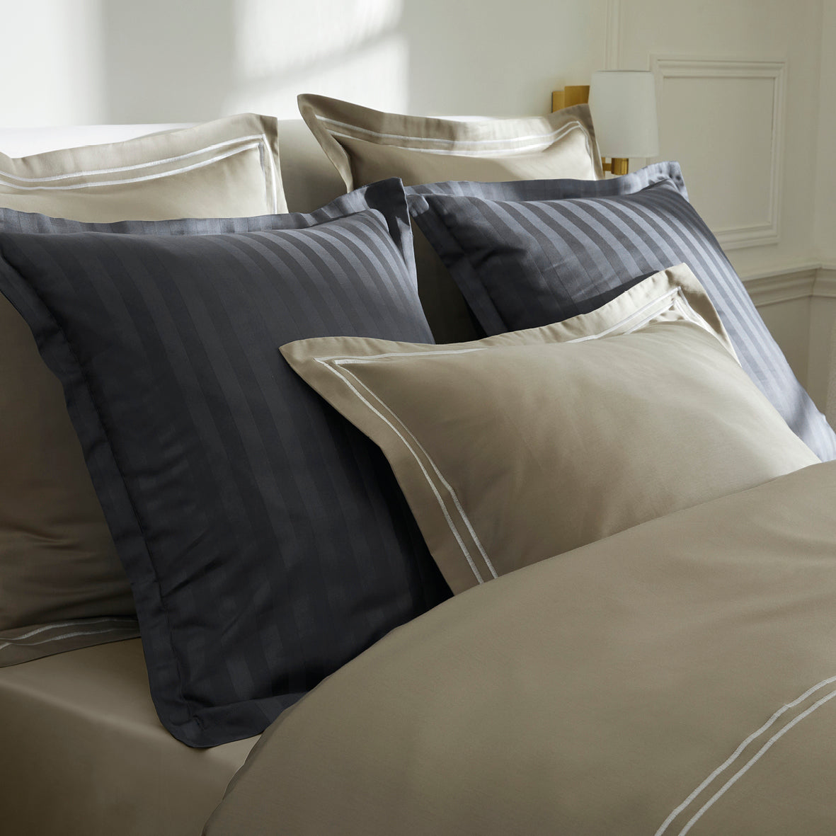 Duvet cover + pillowcase(s) cotton satin - Bastia White / Taupe