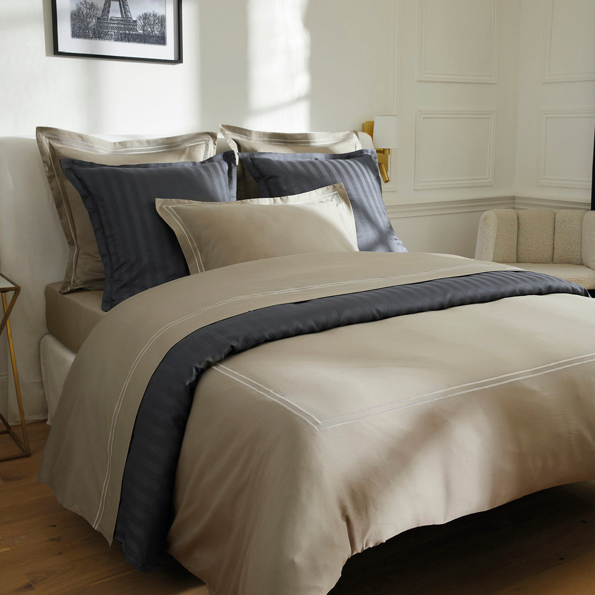 Duvet cover + pillowcase(s) cotton satin - Bastia White / Taupe